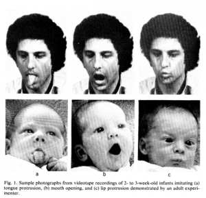 Picture showing tongue protrusion in an adult, and the corresponding response of a baby for tongue protrusion, mouth opening and lip smacking